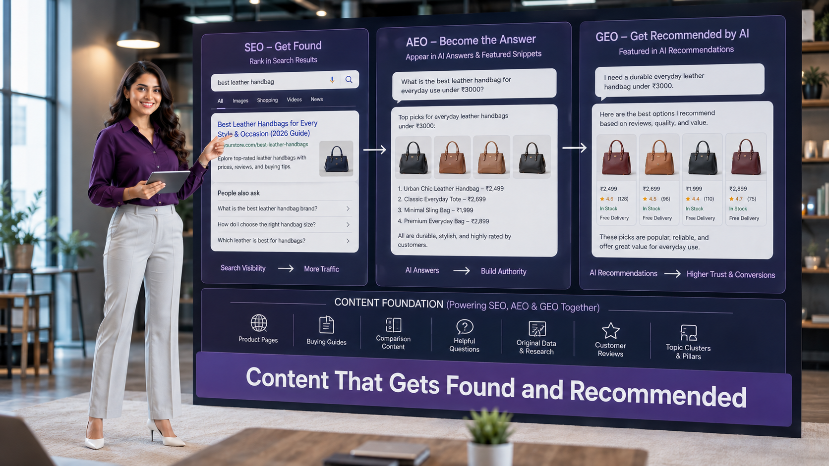 Diagram comparing SEO, AEO, and GEO content strategy, showing a product search moving from ranked results to a featured AI answer to an AI shopping recommendation