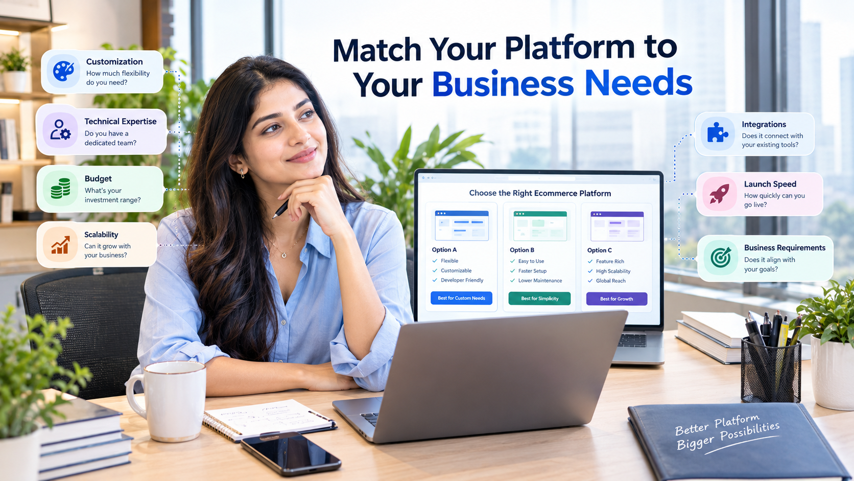 Choosing an ecommerce platform by customization, technical expertise, budget, scalability, integrations and launch speed
