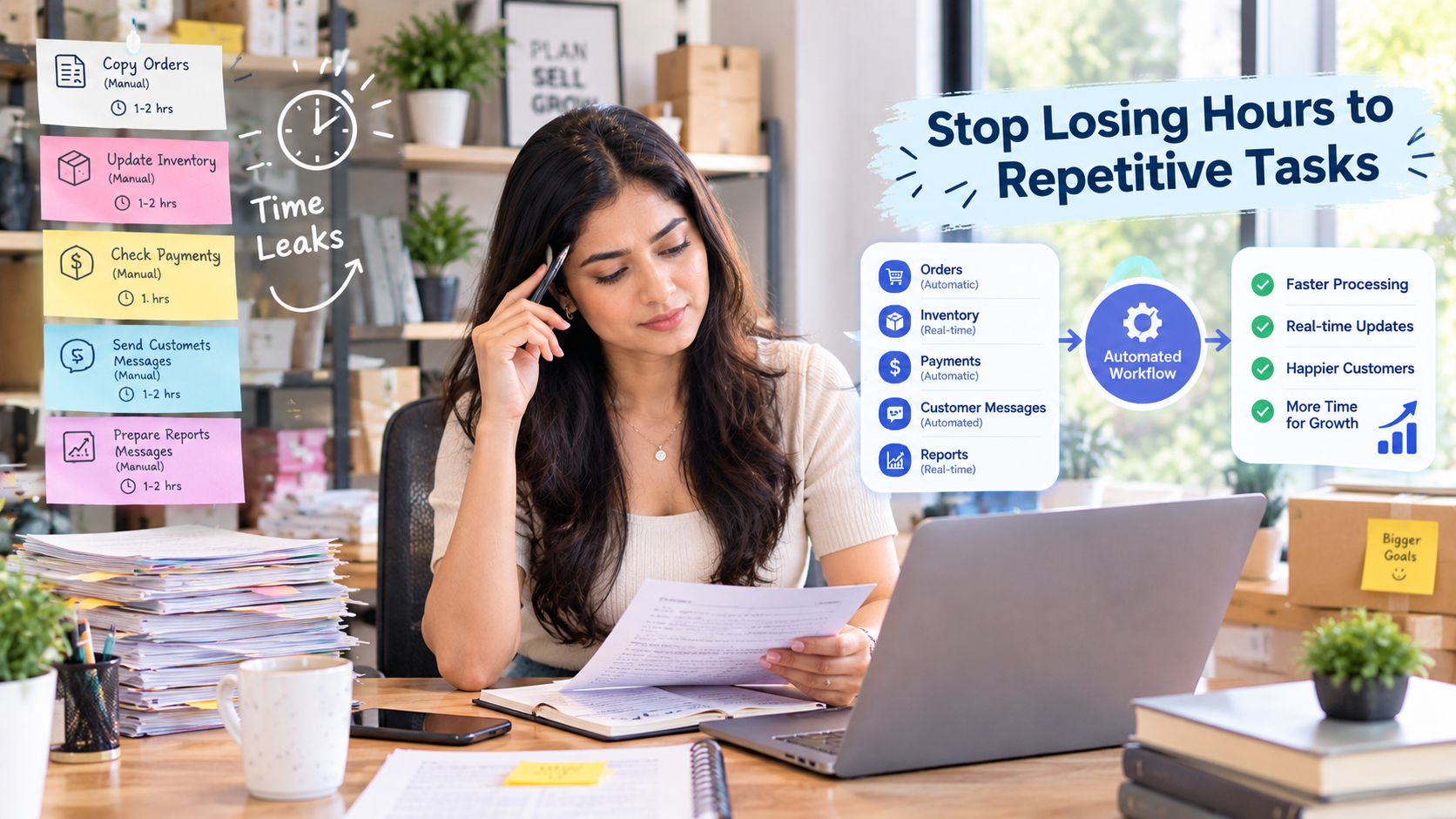 Time audit of manual ecommerce tasks showing weekly hours lost to order processing, stock updates and customer replies