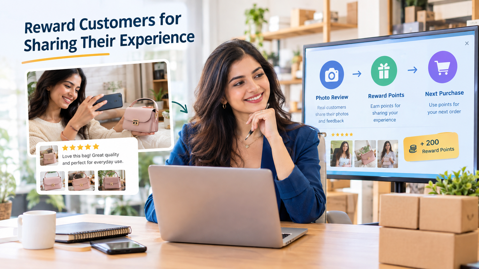Photo review reward flow: customer shares a product photo, earns reward points, and redeems them on their next purchase