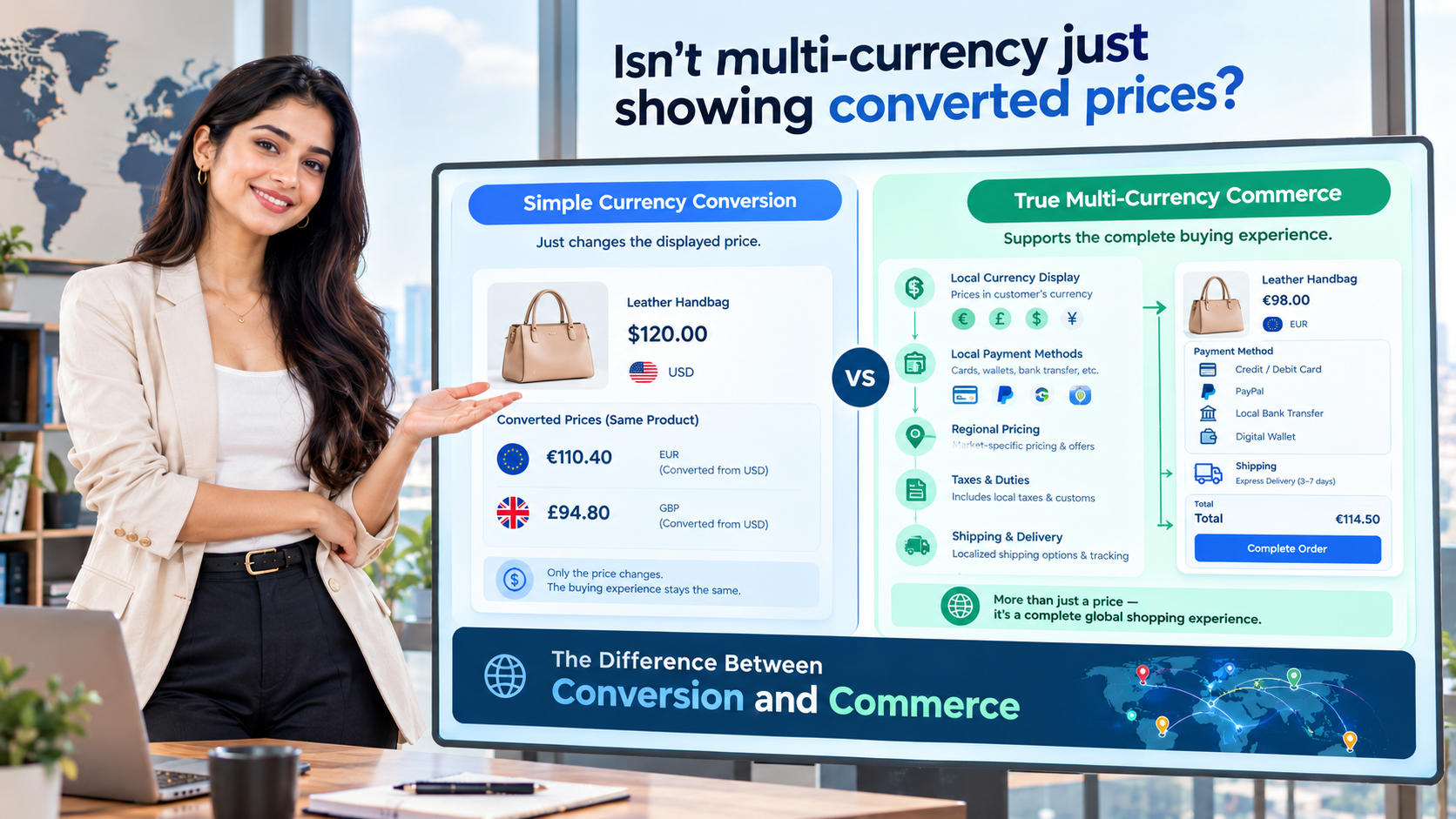 Display-only currency conversion compared with a full multi-currency checkout where buyers pay in their own currency using local payment methods