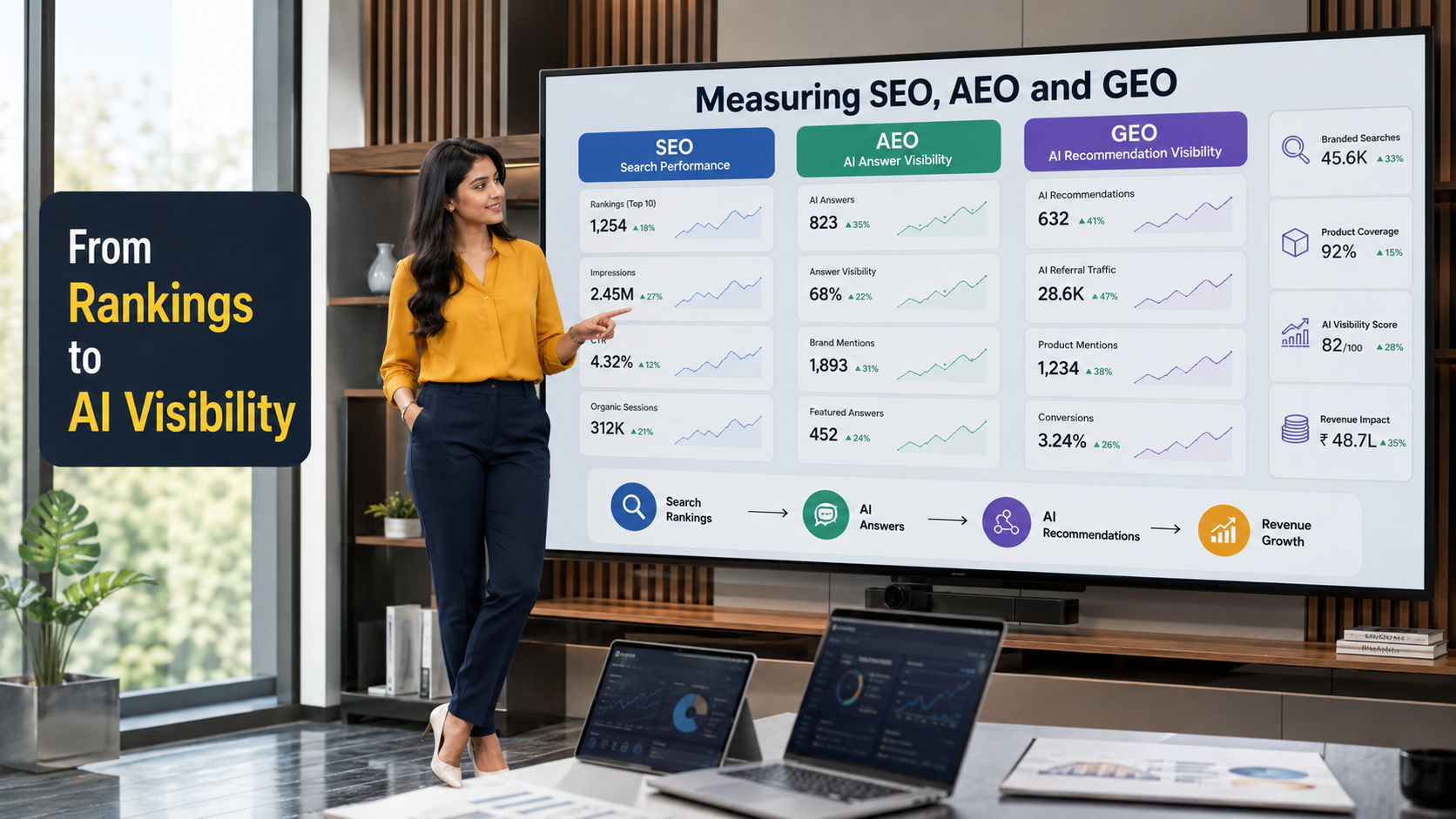 Dashboard comparing SEO, AEO, and GEO metrics — search rankings, AI answer visibility, and AI recommendation visibility — showing the shift from rankings to AI visibility