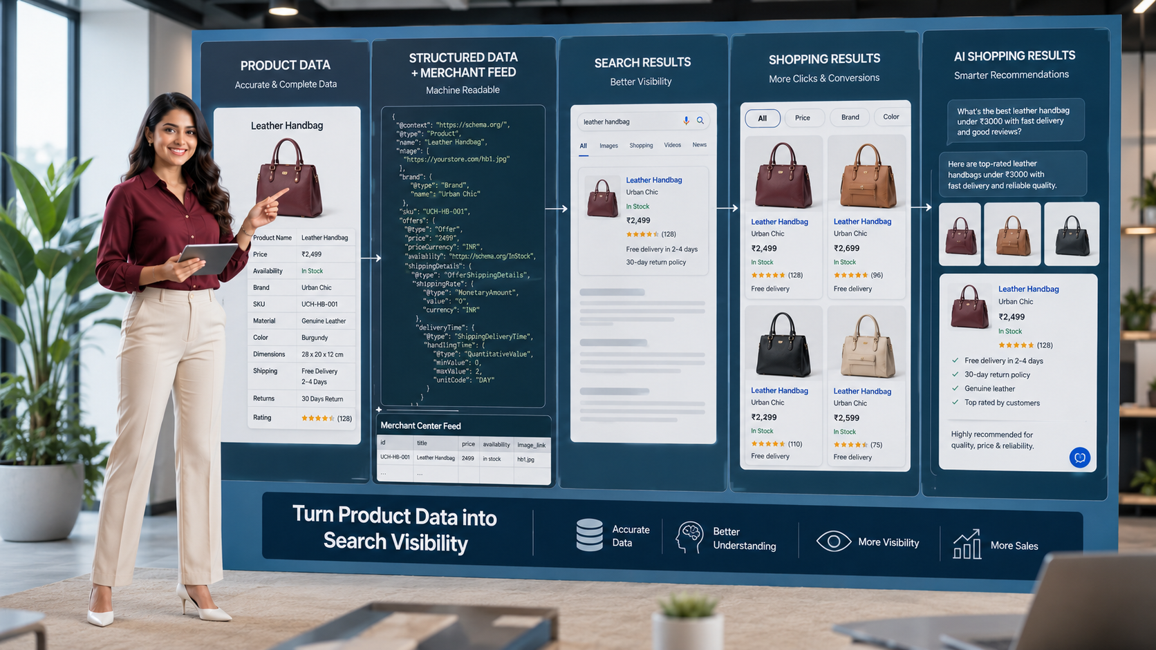 Diagram showing product data flowing from structured data and a Merchant Center feed into Google search results, shopping results, and AI shopping recommendations
