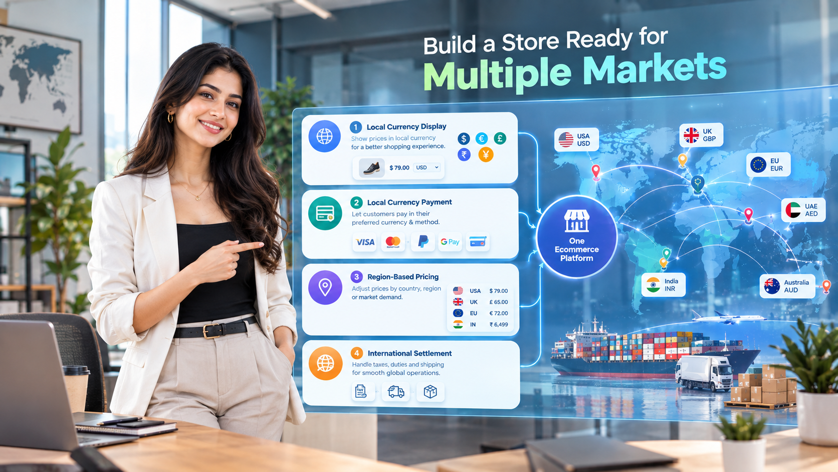 Four layers of a true multi-currency store: local currency display, local currency payment, region-based pricing and international settlement