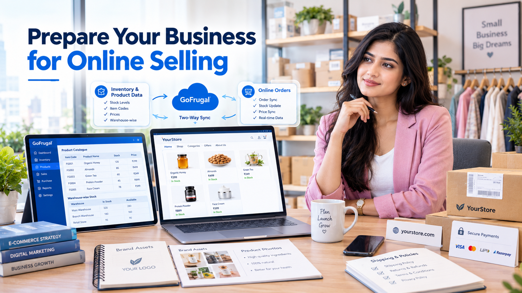 Checklist for building a Gofrugal ecommerce website: Gofrugal POS data, product photos, logo, domain and payment setup
