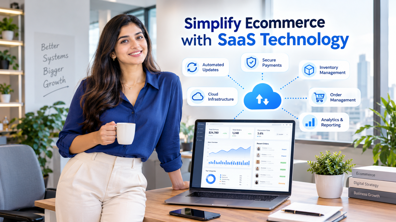 SaaS ecommerce platform benefits including cloud hosting, automated updates, secure payments, inventory and order management