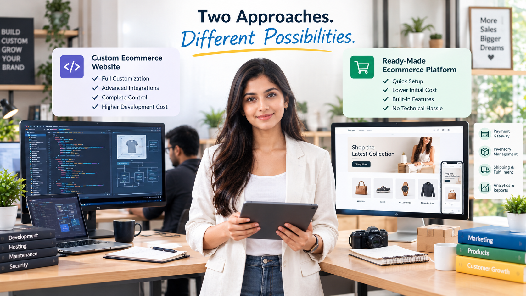 Difference between a custom ecommerce website and a ready-made ecommerce platform: features, setup and cost
