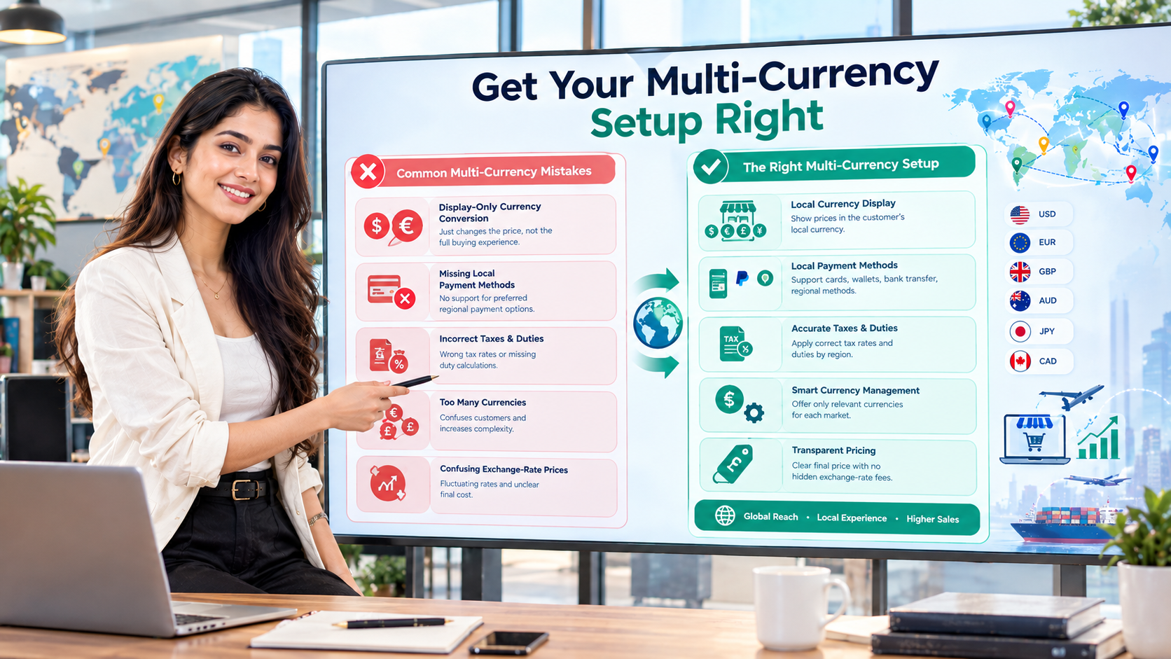 Common multi-currency mistakes to avoid: display-only conversion, missing local payment methods, ignored taxes and duties, and too many currencies at once
