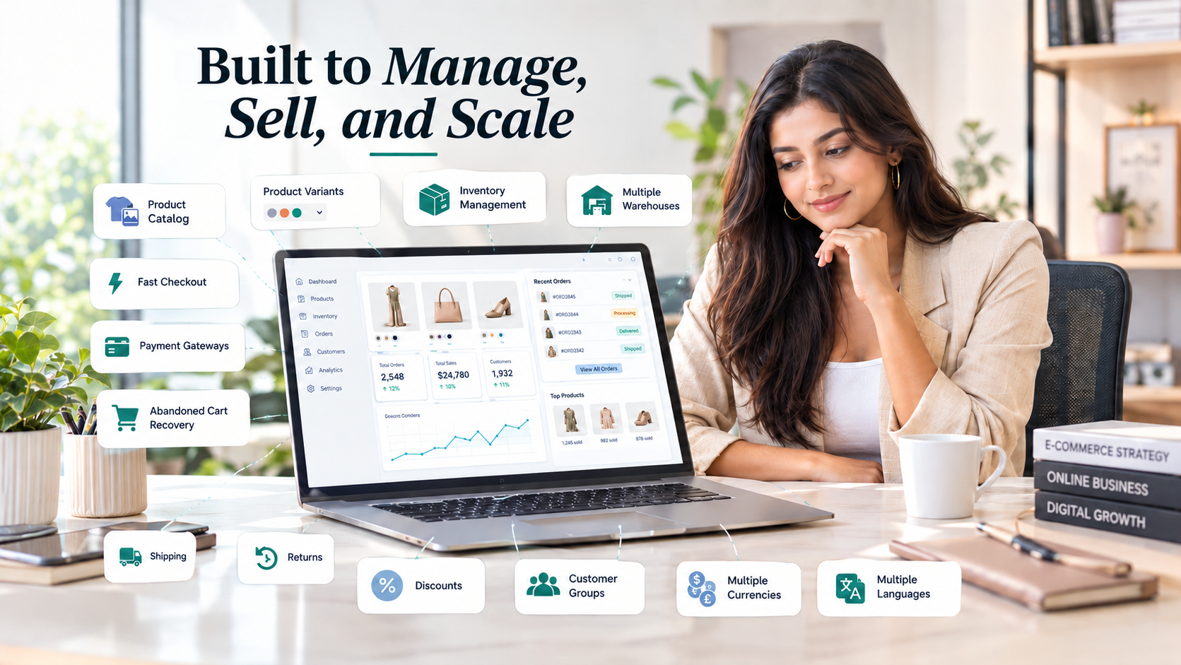 Ecommerce platform essentials including product catalog, fast checkout, payment gateways, inventory and multi-currency selling