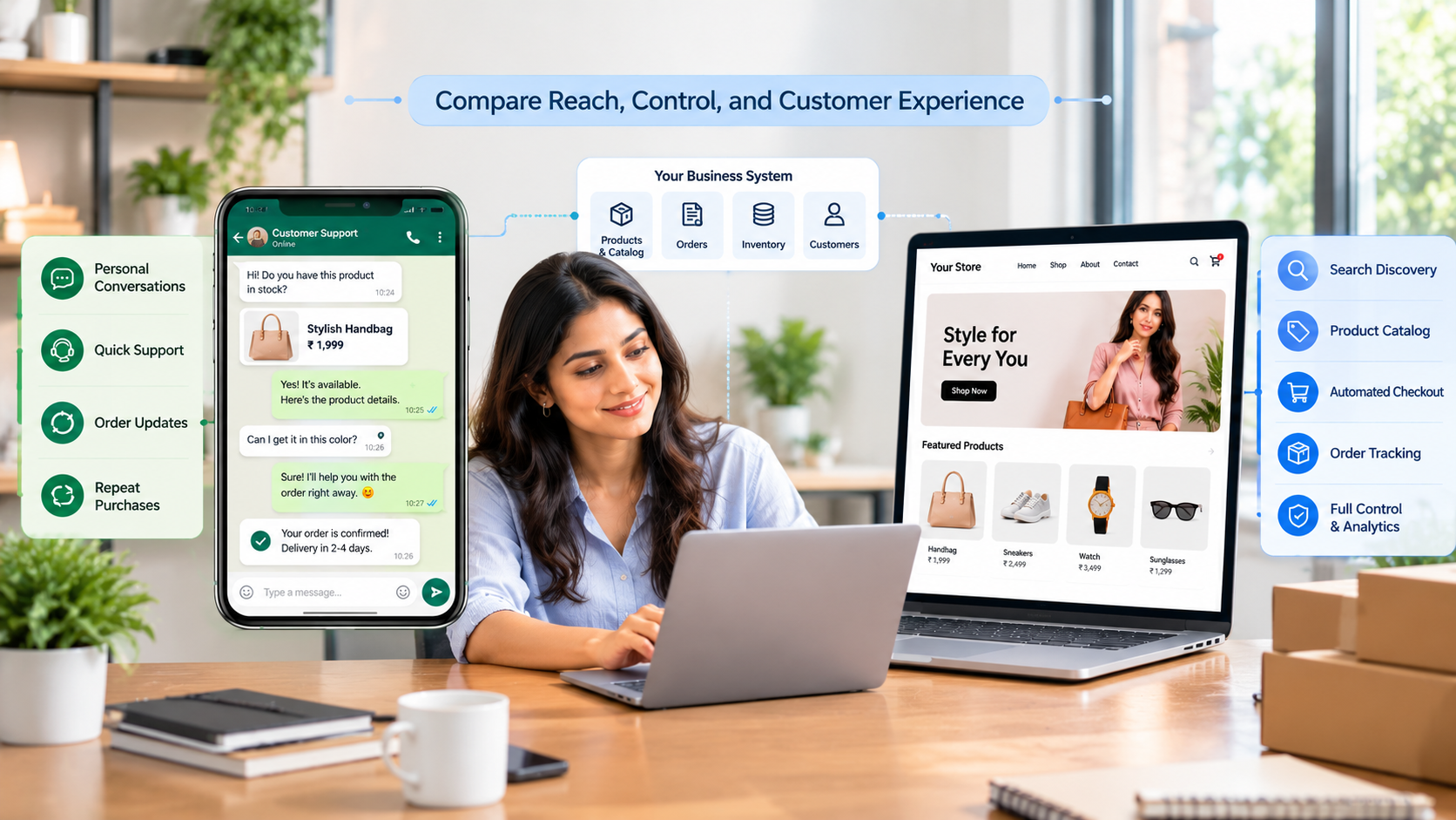 WhatsApp commerce vs ecommerce website side by side: chat support vs search discovery, checkout and order tracking