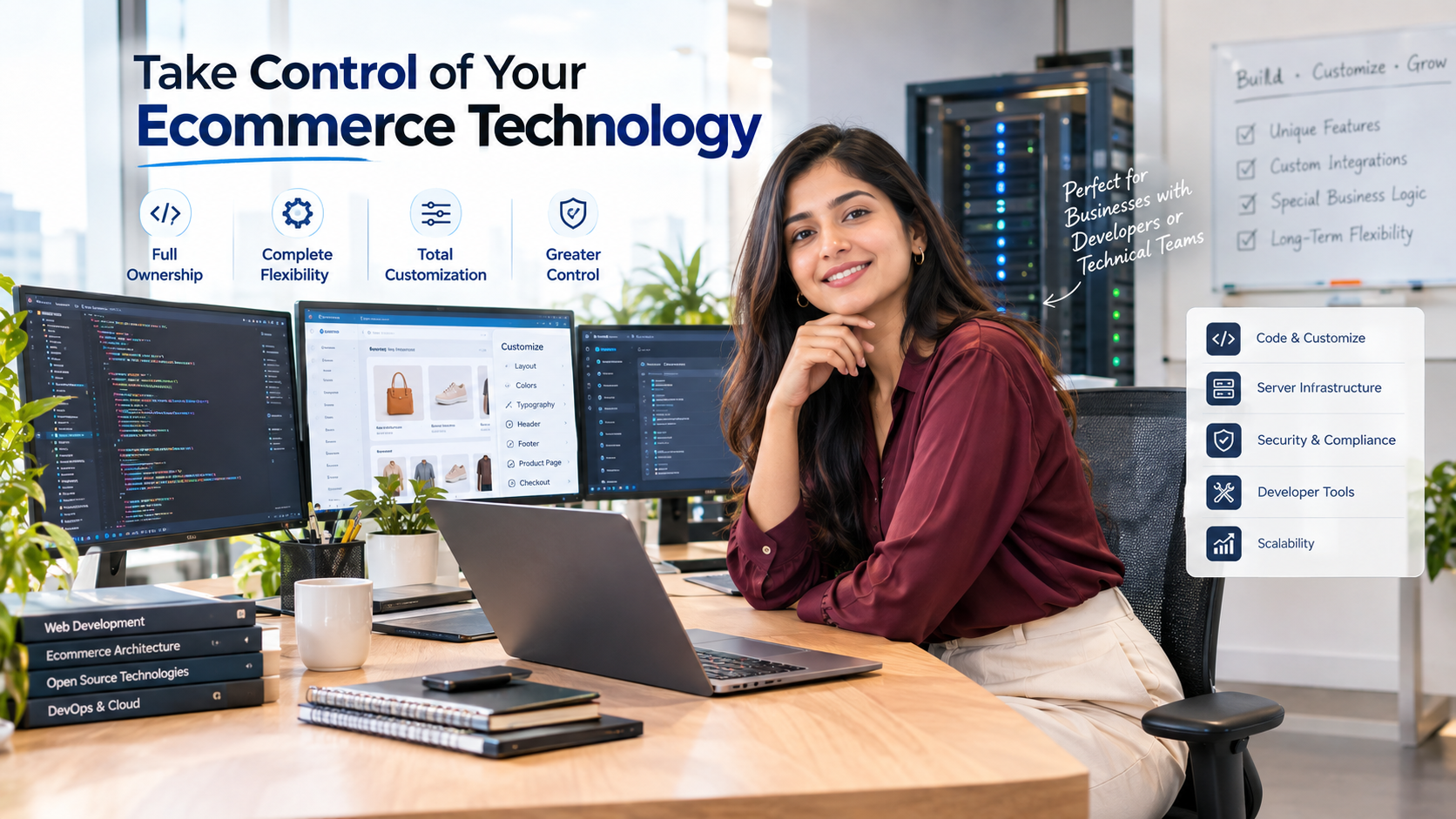 Open source ecommerce control with full ownership, customization, server infrastructure and developer tools