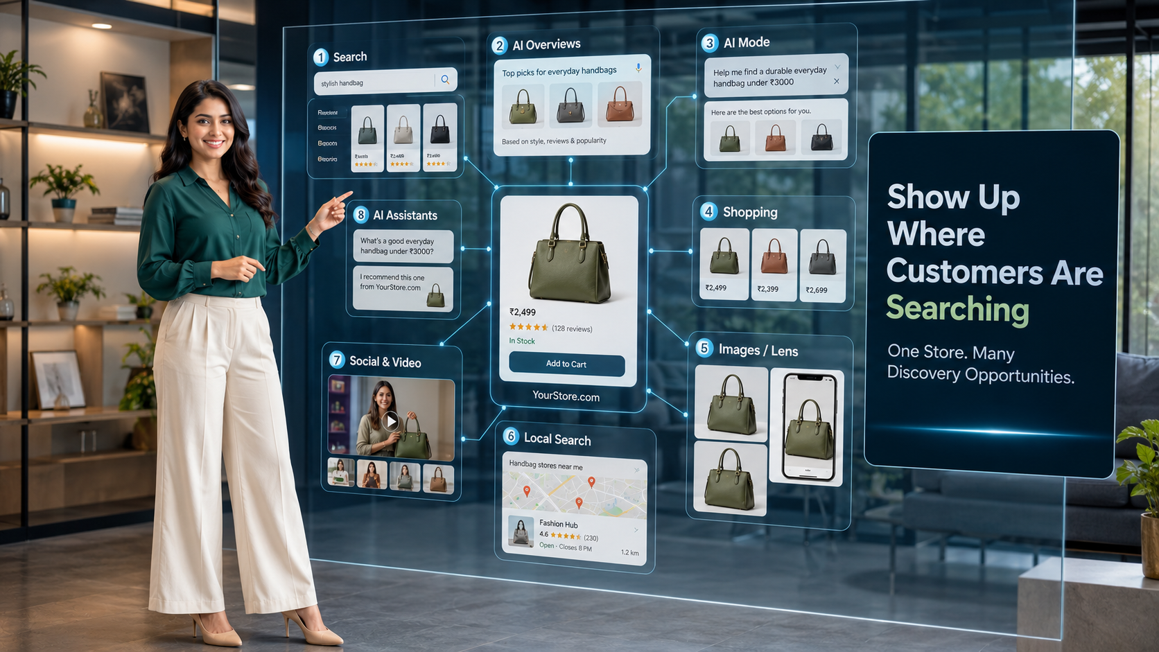 Diagram of nine discovery surfaces where an ecommerce store can appear in 2026, including Search, AI Overviews, AI Mode, Shopping, AI Assistants, Images/Lens, Social & Video, and Local Search