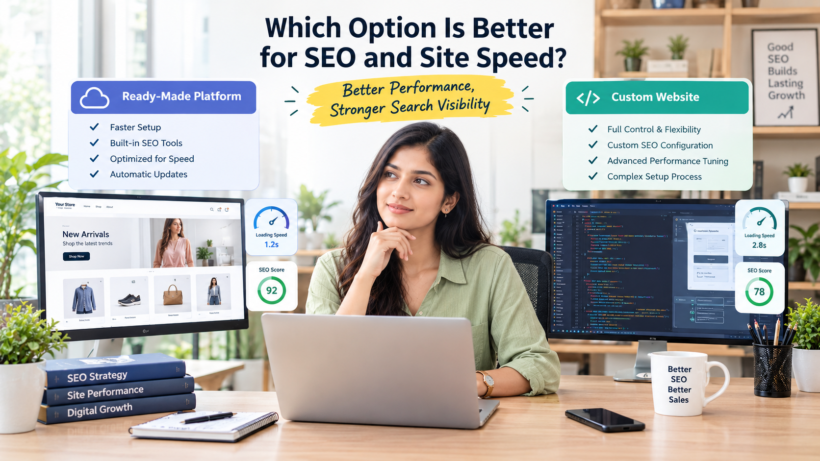 Ready-made platform vs custom website for SEO and site speed, with Core Web Vitals scores