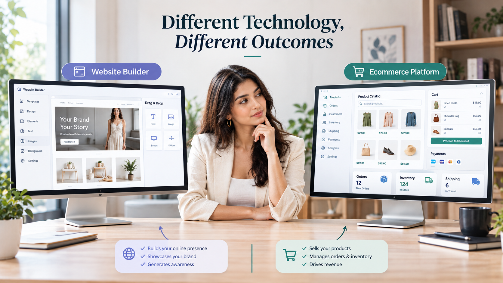 Website builder screen building brand presence beside an ecommerce platform screen selling products and managing orders