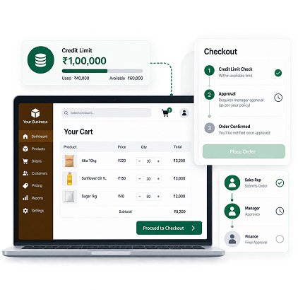 Credit limit and approval workflow enforced automatically in the checkout