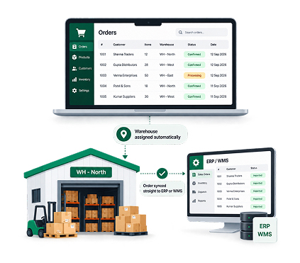 Warehouse assigned automatically and order synced to ERP or WMS