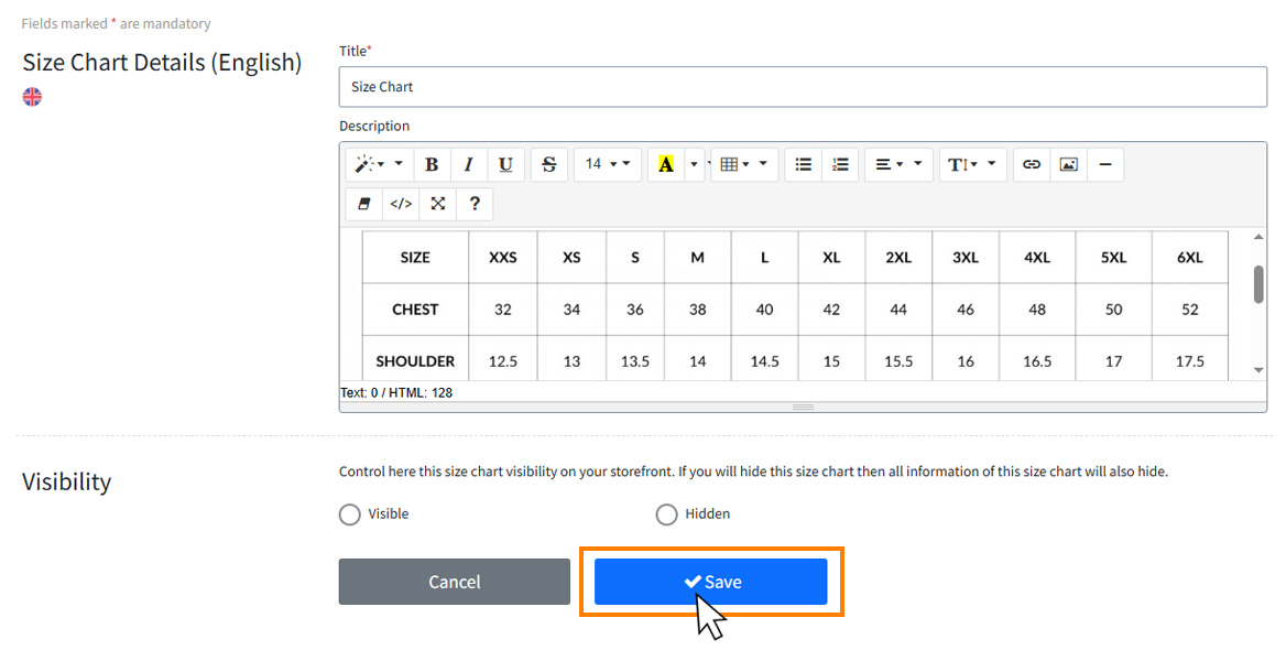 Create a New Size Chart